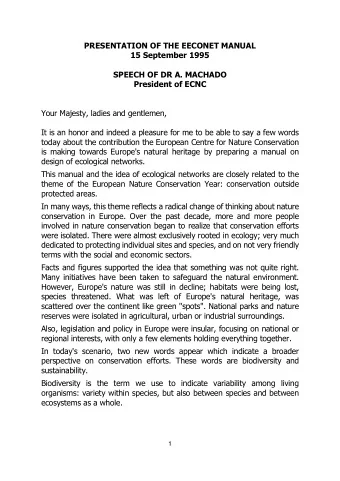 PRESENTATION OF THE EECONET MANUAL 15 September 1995  SPEECH OF DR A. MACHADO President of ECNC