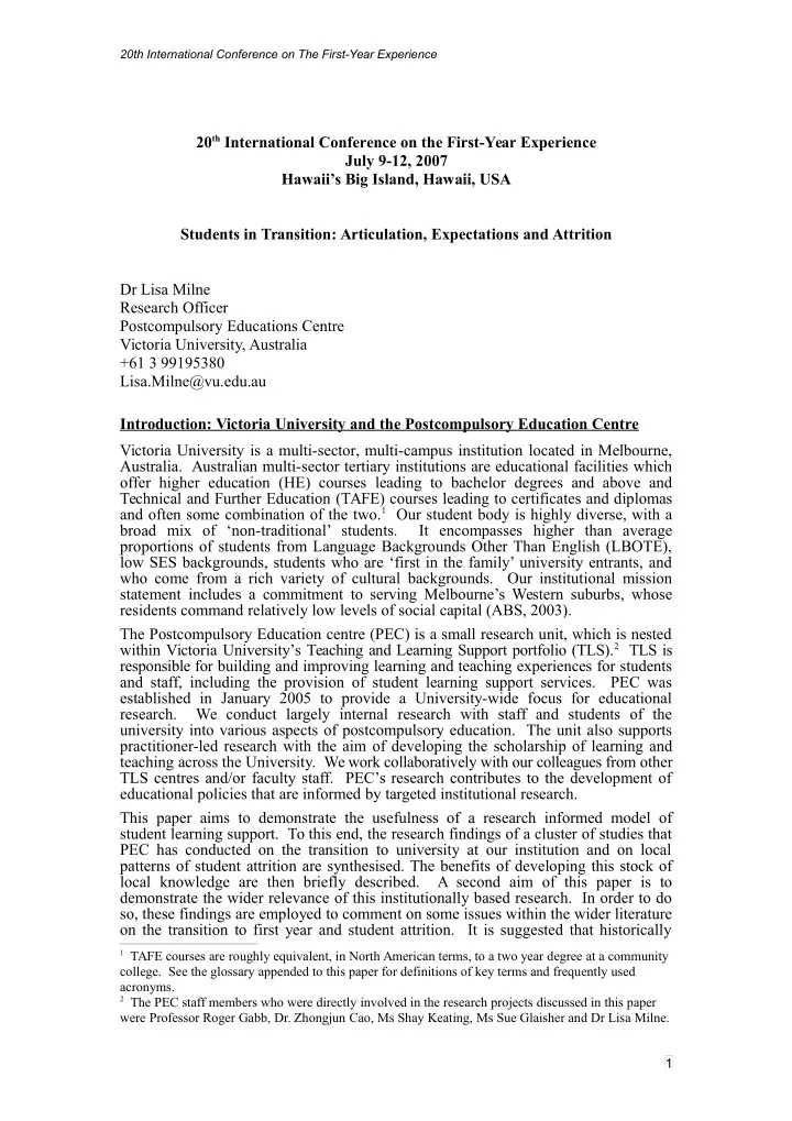 20 th international conference on the first year