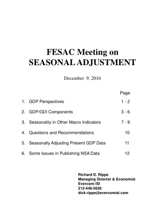 FESAC Meeting on  SEASONAL ADJUSTMENT  December  9, 2016  Page  1.  GDP Perspectives  1 - 2  2.