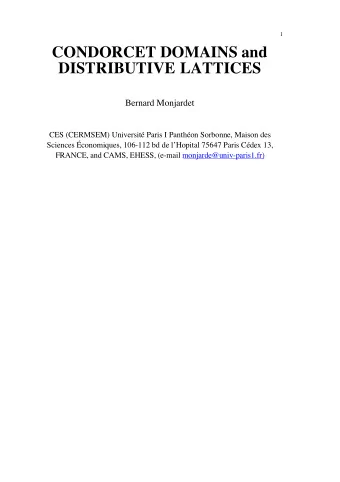 CONDORCET DOMAINS and  DISTRIBUTIVE LATTICES  Bernard Monjardet  CES (CERMSEM) Universit Paris I
