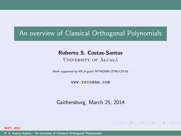 an overview of classical orthogonal polynomials