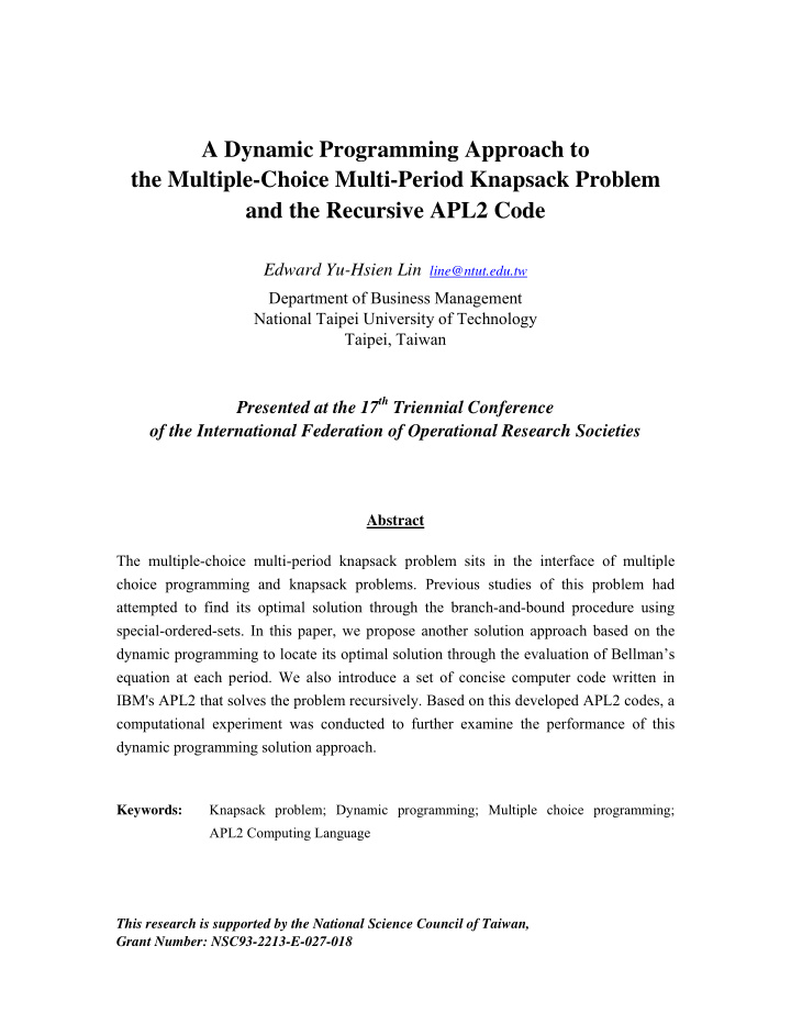 a dynamic programming approach to the multiple choice