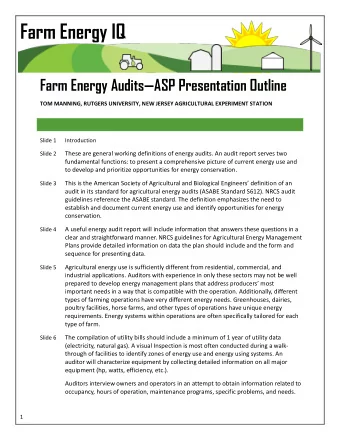 Farm Energy IQ  Farm Energy AuditsASP Presentation Outline  TOM MANNING, RUTGERS UNIVERSITY, NEW