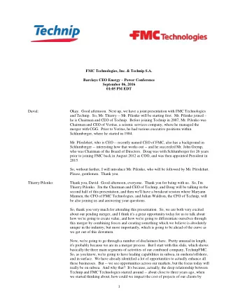 FMC Technologies, Inc. &amp; Technip S.A. Barclays CEO Energy  Power Conference  September 06,