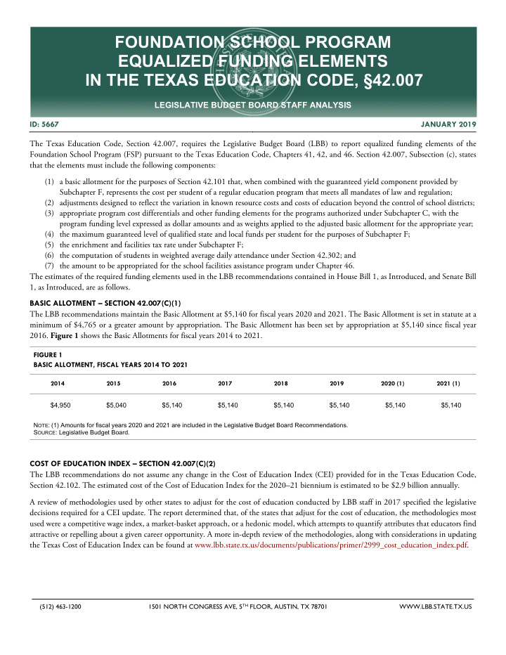 foundation school program equalized funding elements in