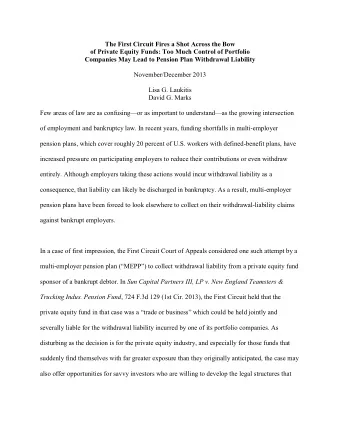 The First Circuit Fires a Shot Across the Bow  of Private Equity Funds: Too Much Control of