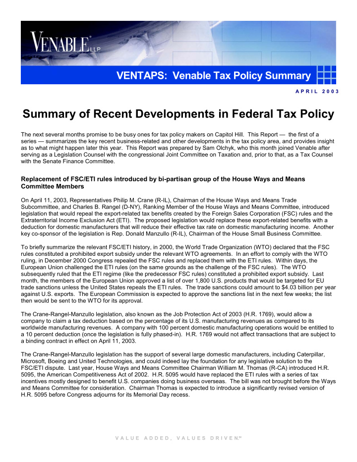 summary of recent developments in federal tax policy