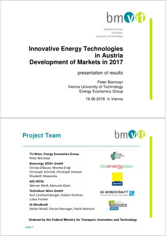 Innovative Energy Technologies  in Austria  Development of Markets in 2017  presentation of results