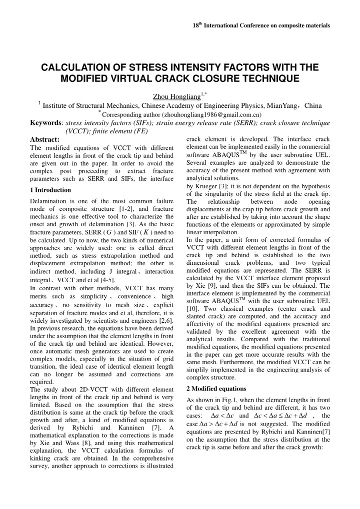 calculation of stress intensity factors with the modified