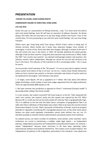 PRESENTATION  CHEUNG YIU-LEUNG, ASIAN HUMAN RIGHTS COMMISSIONS BOARD OF DIRECTORS, HONG KONG