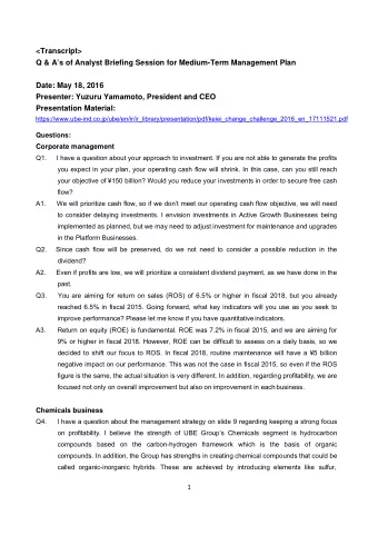 &lt;Transcript&gt;  Q &amp; As of Analyst Briefing Session for Medium-Term Management Plan
