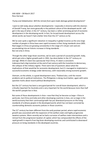 AIIA NSW  28 March 2017  Ross Garnaut  Trump and Globalisation: Will the retreat from open trade