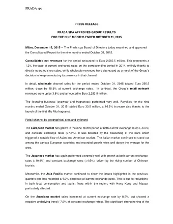 PRADA spa  PRESS RELEASE  PRADA SPA APPROVES GROUP RESULTS  FOR THE NINE MONTHS ENDED OCTOBER 31,