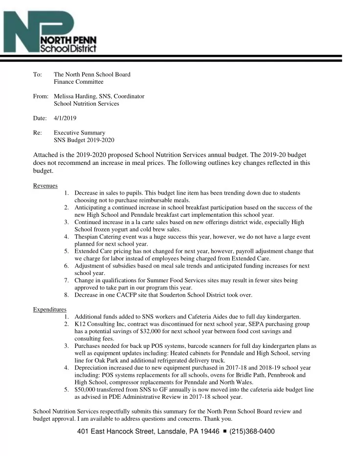 to the north penn school board finance committee from