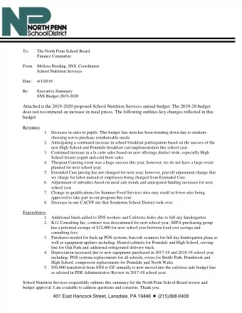 To:  The North Penn School Board  Finance Committee  From: Melissa Harding, SNS, Coordinator