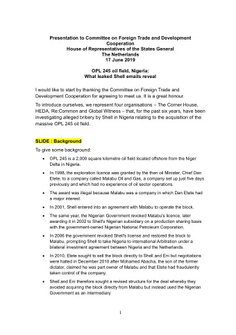 Presentation to Committee on Foreign Trade and Development Cooperation  House of Representatives of