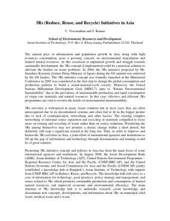 3Rs (Reduce, Reuse, and Recycle) Initiatives in Asia  C. Visvanathan and S. Kumar  School of