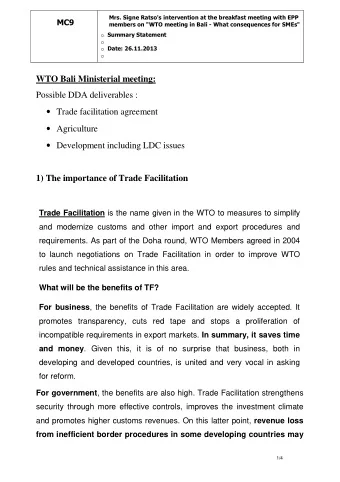 WTO Bali Ministerial meeting:  Possible DDA deliverables :  Trade facilitation agreement
