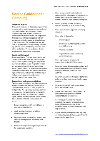 Sector Guidelines:  responsibilities with regard to human rights, Gambling  labour rights,
