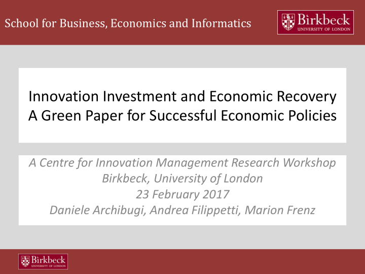 innovation investment and economic recovery a green paper