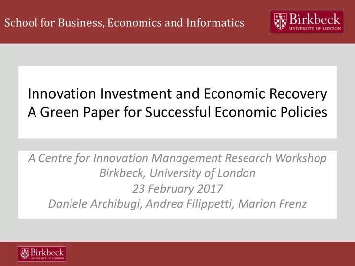 innovation investment and economic recovery a green paper