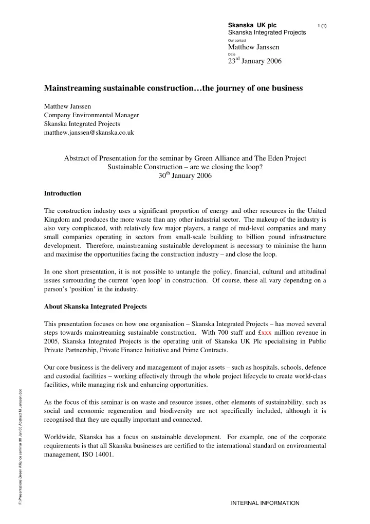 mainstreaming sustainable construction the journey of one