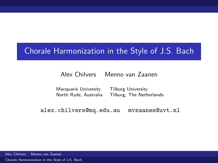 chorale harmonization in the style of j s bach