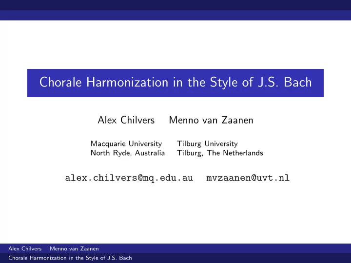 chorale harmonization in the style of j s bach