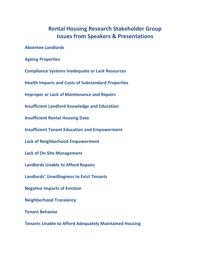 rental housing research stakeholder group issues from