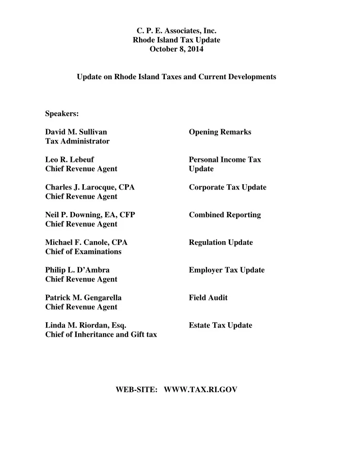 c p e associates inc rhode island tax update october 8