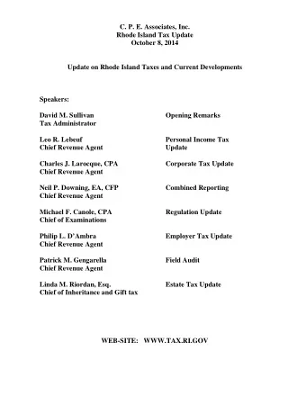 C. P. E. Associates, Inc.  Rhode Island Tax Update  October 8, 2014  Update on Rhode Island Taxes