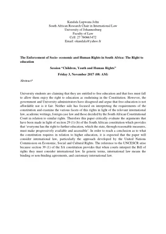 Kandala Lupwana John  South African Research Chair in International Law  University of Johannesburg