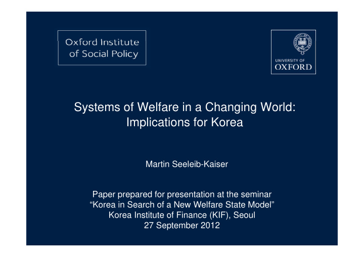 systems of welfare in a changing world implications for