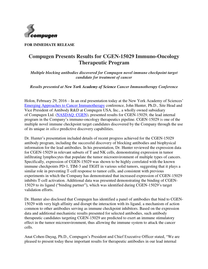 compugen presents results for cgen 15029 immuno oncology