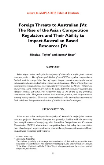 Foreign Threats to Australian JVs:  The Rise of the Asian Competition  Regulators and Their Ability