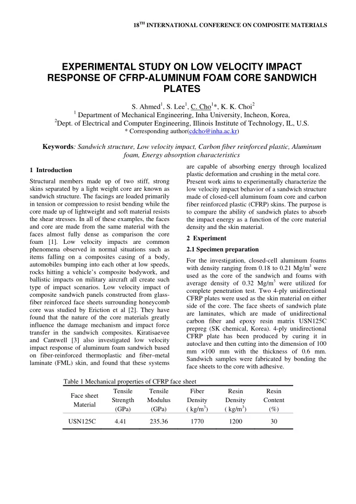 experimental study on low velocity impact response of