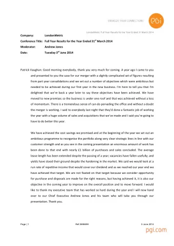 LondonMetric Full Year Results for the Year Ended 31 March 2014  Company:  LondonMetric Conference
