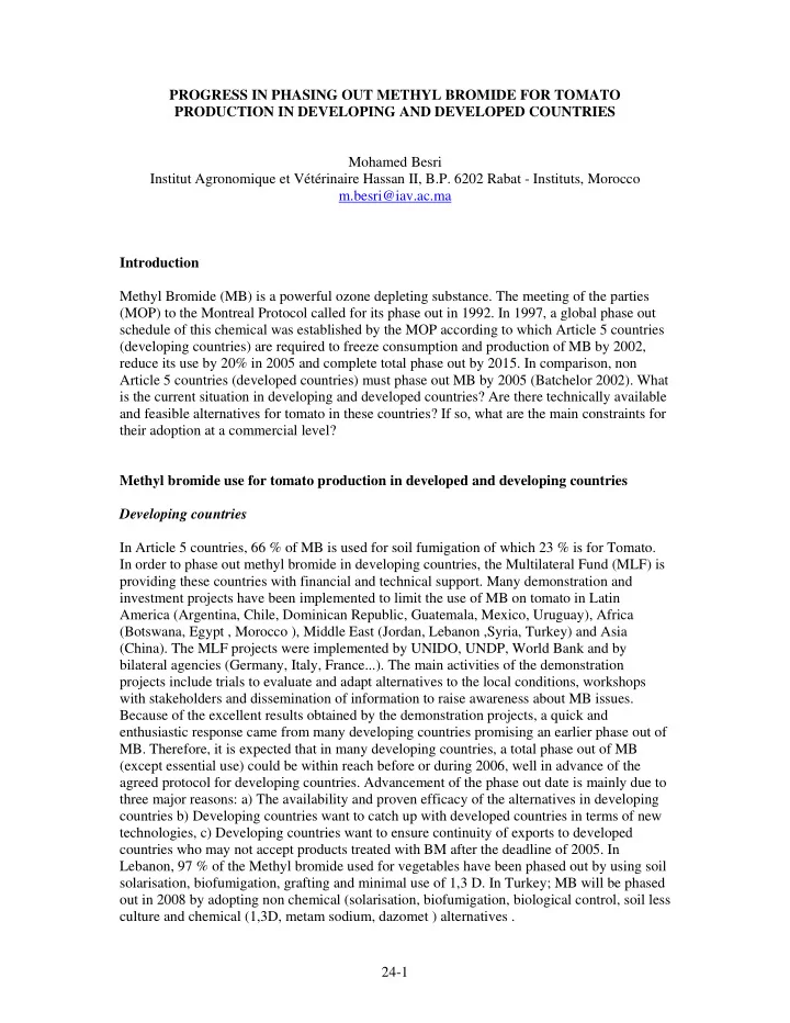 progress in phasing out methyl bromide for tomato