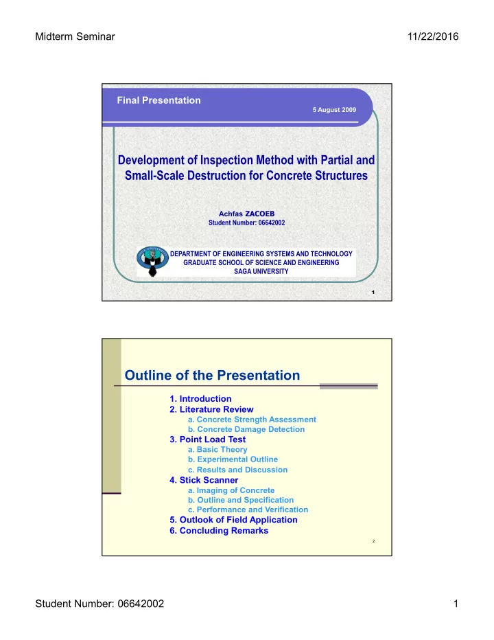 outline of the presentation