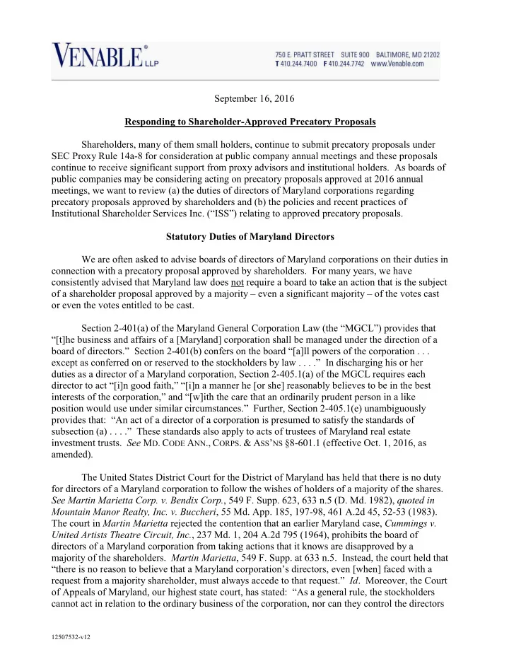 september 16 2016 responding to shareholder approved