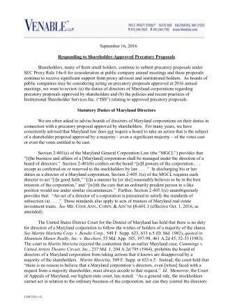 September 16, 2016  Responding to Shareholder-Approved Precatory Proposals  Shareholders, many of