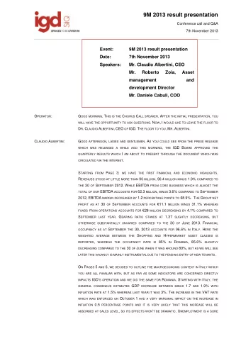 9M 2013 result presentation  Conference call and Q&amp;A  7th November 2013  Event:  9M 2013 result