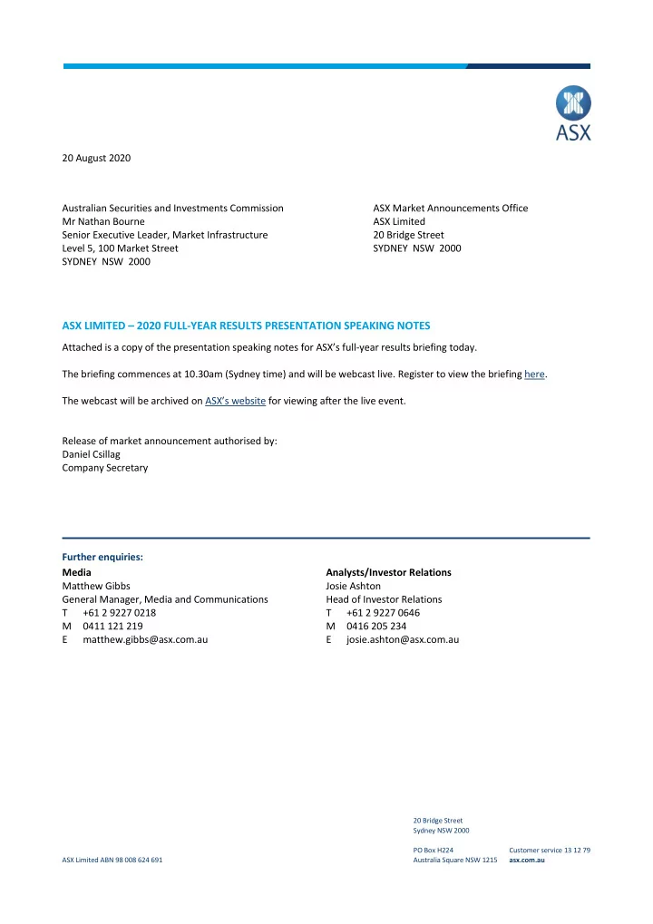 asx limited 2020 full year results presentation speaking