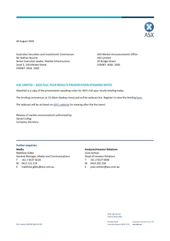 ASX LIMITED  2020 FULL-YEAR RESULTS PRESENTATION SPEAKING NOTES  Attached is a copy of the