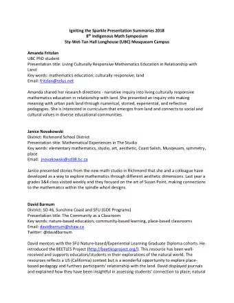 Igniting the Sparkle Presentation Summaries 2018 8 th Indigenous Math Symposium  Sty-Wet-Tan Hall