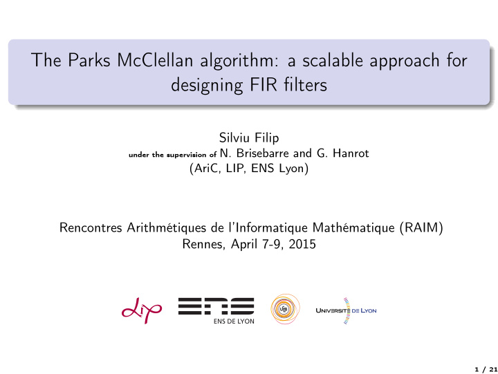 the parks mcclellan algorithm a scalable approach for