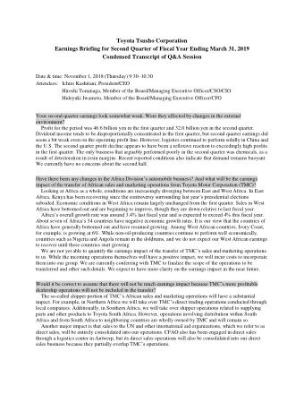 Toyota Tsusho Corporation  Earnings Briefing for Second Quarter of Fiscal Year Ending March 31,