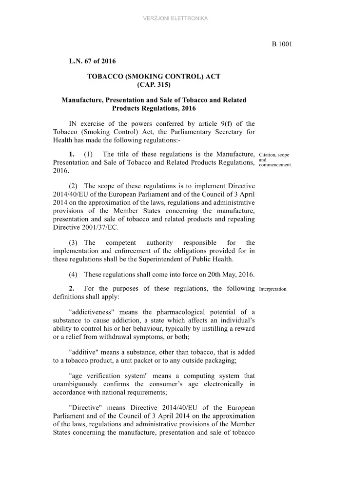 b 1001 l n 67 of 2016 tobacco smoking control act cap 315
