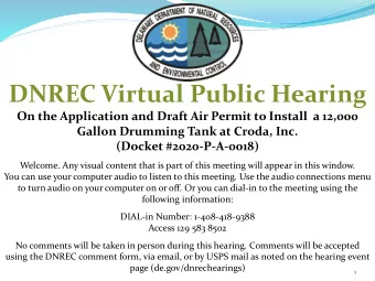 DNREC Virtual Public Hearing  On the Application and Draft Air Permit to Install  a 12,000  Gallon