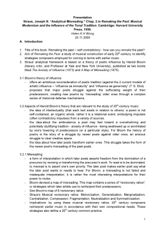 Presentation Straus, Joseph N. Analytical Misreading. Chap. 2 in Remaking the Past: Musical